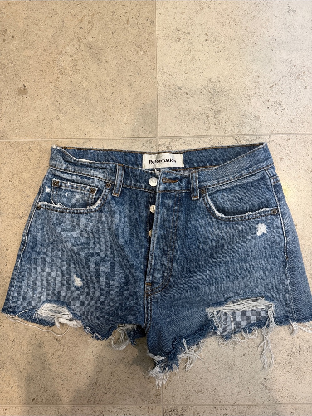 Reformation Medium Blue Distressed Denim Cutoff Shorts